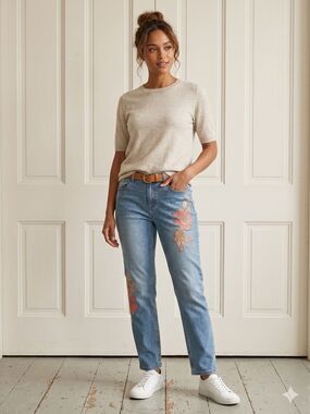 Dittos Light Blue Denim Jeans with Floral Embroidery
